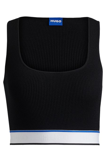 Slim-fit ribbed top with repeat branding, Black