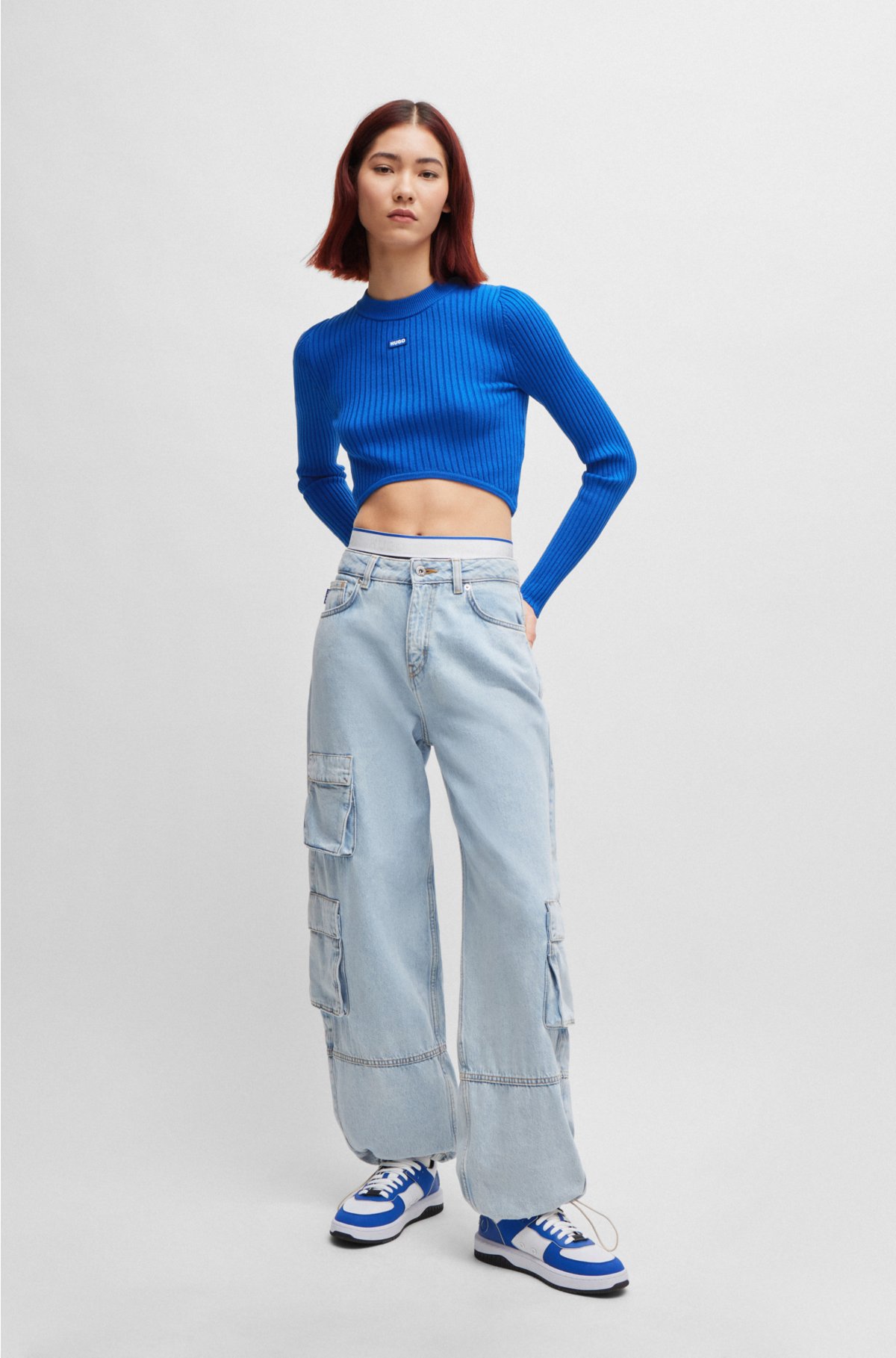 Slim-fit sweater with high-cut hemline, Blue