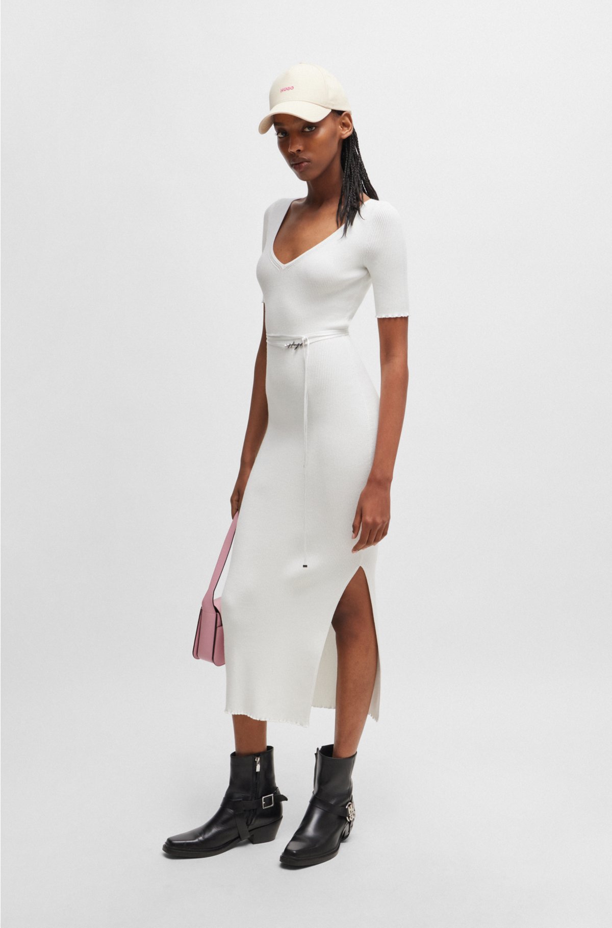Rib-knit midi dress with branded wrap belt, White