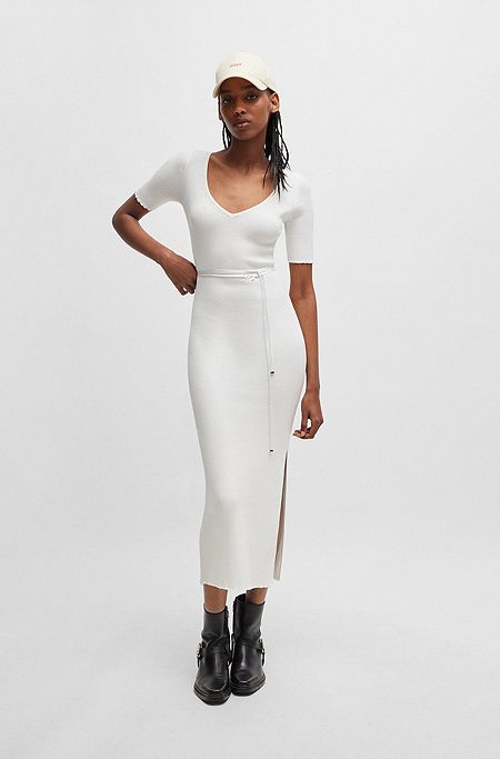 Ribgebreide midi-jurk met wikkelriempje met logo, Wit