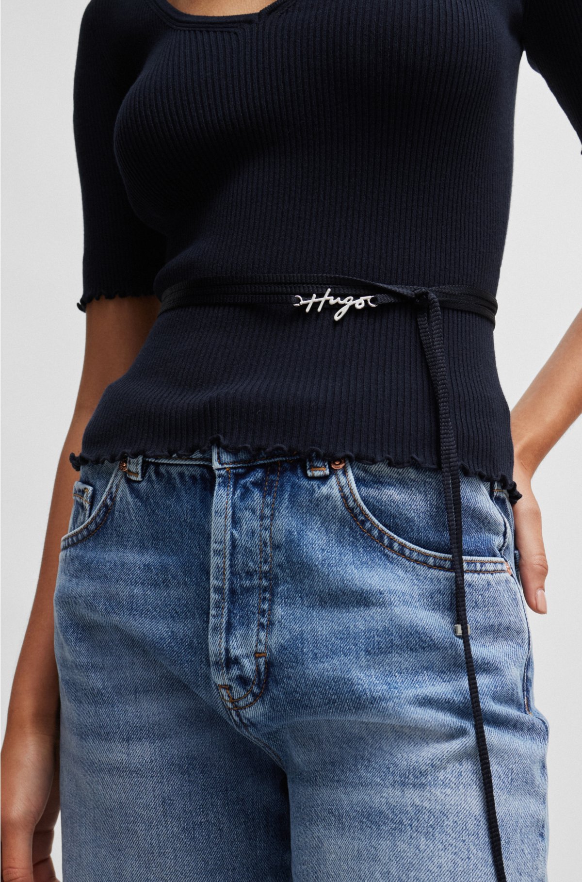 Rib-knit sweater with branded wrap belt, Dark Blue