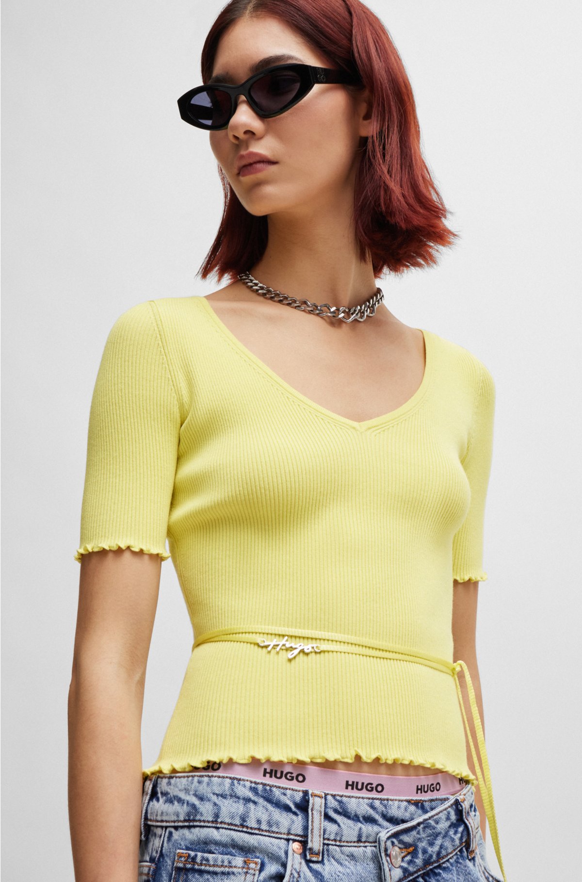 Rib-knit sweater with branded wrap belt, Light Yellow