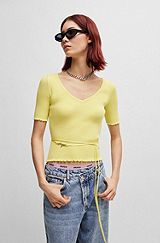 Rib-knit sweater with branded wrap belt, Light Yellow