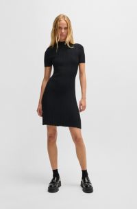 Slim-fit dress in irregular-rib crepe, Black