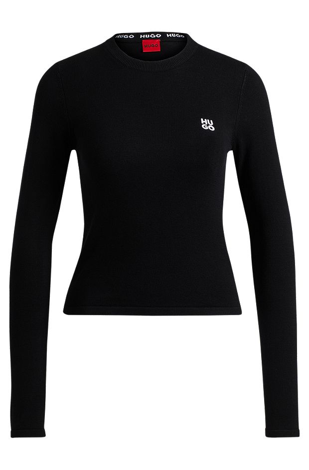 Knitted-cotton sweater with stacked-logo embroidery, Black