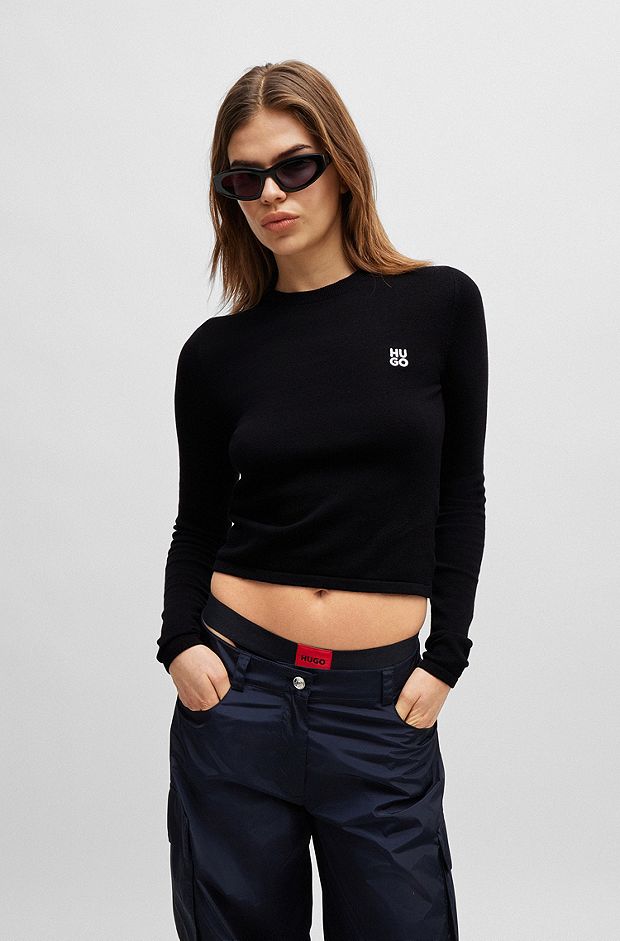 Knitted-cotton sweater with stacked-logo embroidery, Black