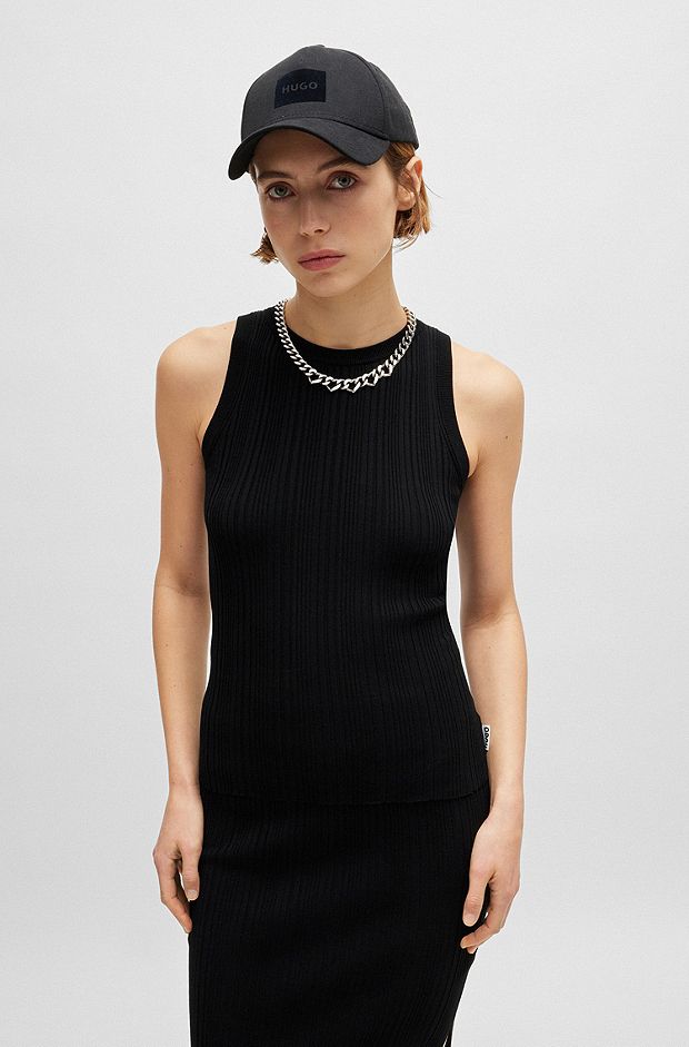 Slim-fit sleeveless top with irregular ribbed structure, Black