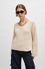 Oversized-fit long-sleeved sweater with V neckline, Natural