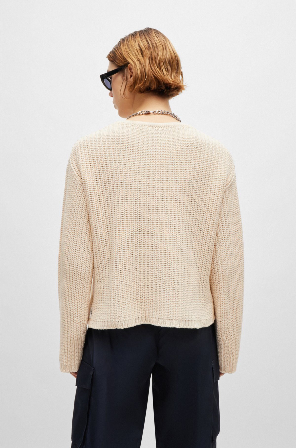 Oversized-fit long-sleeved sweater with V neckline, Natural
