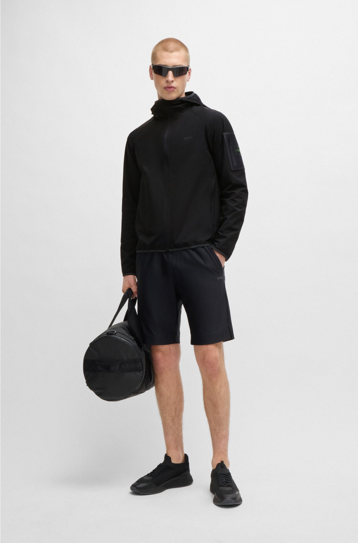 Water-repellent hooded jacket in stretch poplin, Black