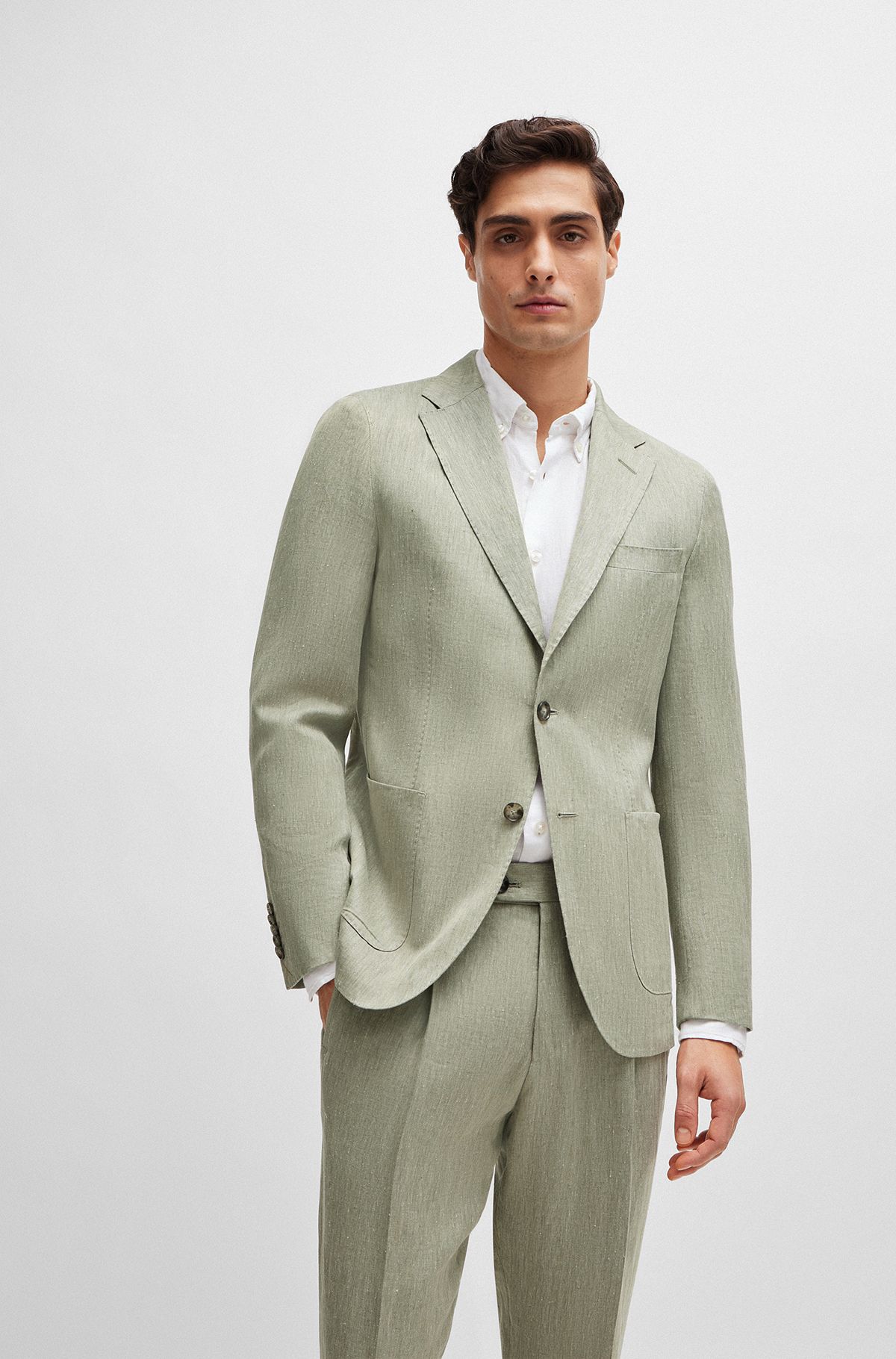 Slim-fit jacket in herringbone linen and silk, Light Green
