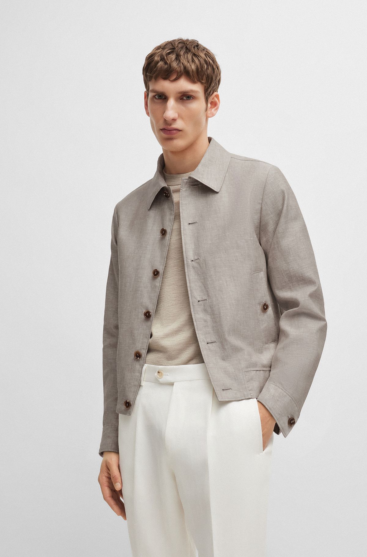 Slim-fit jacket in herringbone linen and silk, Beige
