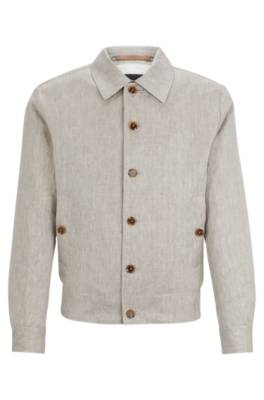 Hugo Boss Slim-fit Jacket In Herringbone Linen And Silk In Gray