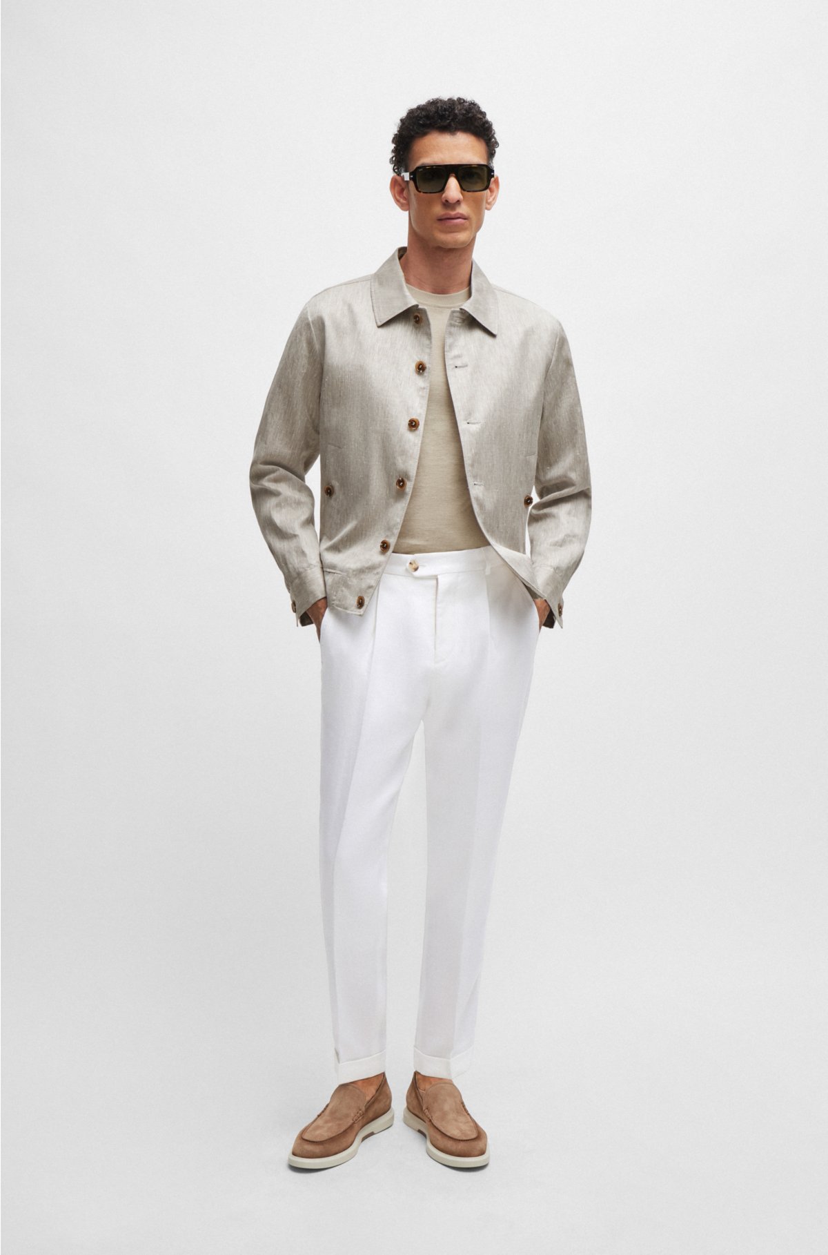 Slim-fit jacket in herringbone linen and silk, Light Beige