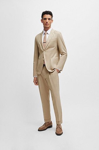 Slim-fit suit in melange virgin wool and silk, Beige