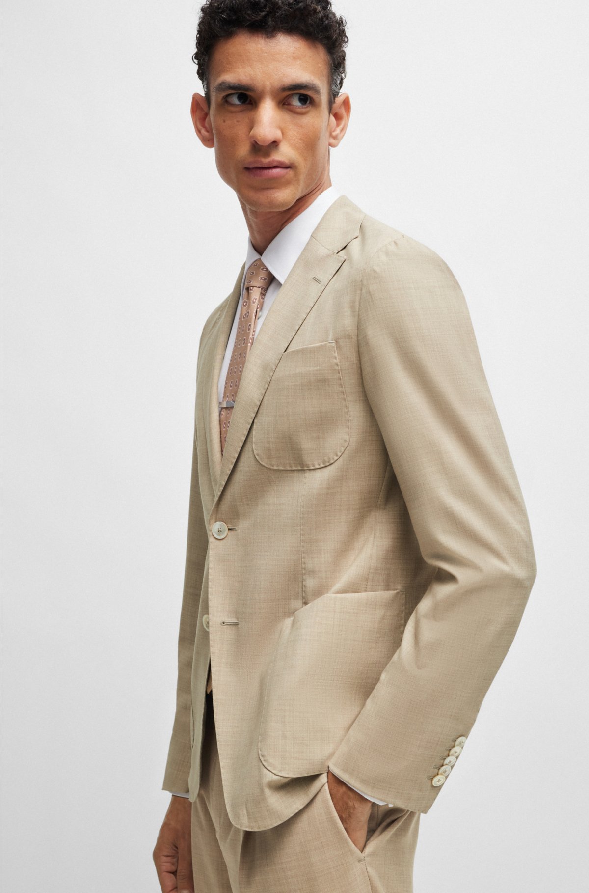 Slim-fit suit in melange virgin wool and silk, Beige