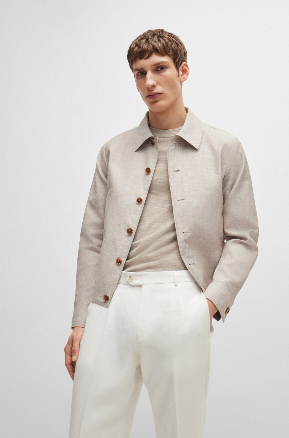 Relaxed-fit trousers in herringbone linen and silk, White