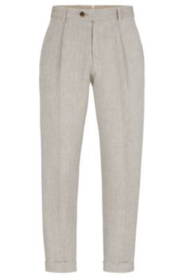 Hugo Boss Relaxed-fit Trousers In Herringbone Linen And Silk In Gray