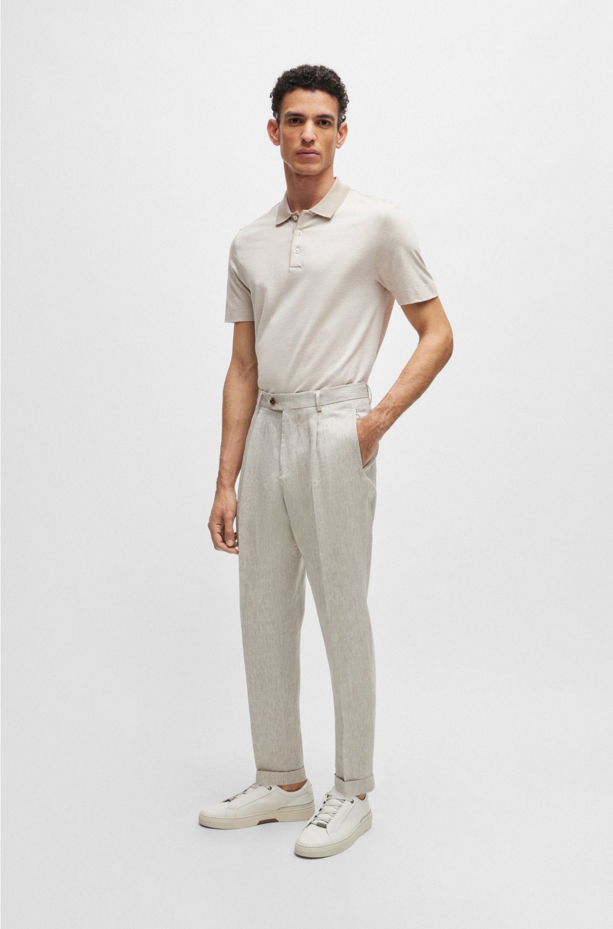 Relaxed-fit trousers in herringbone linen and silk, Light Beige