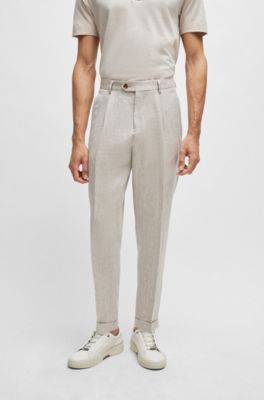BOSS - Relaxed-Fit Hose aus Leinen und Seide mit Fischgrät-Muster 