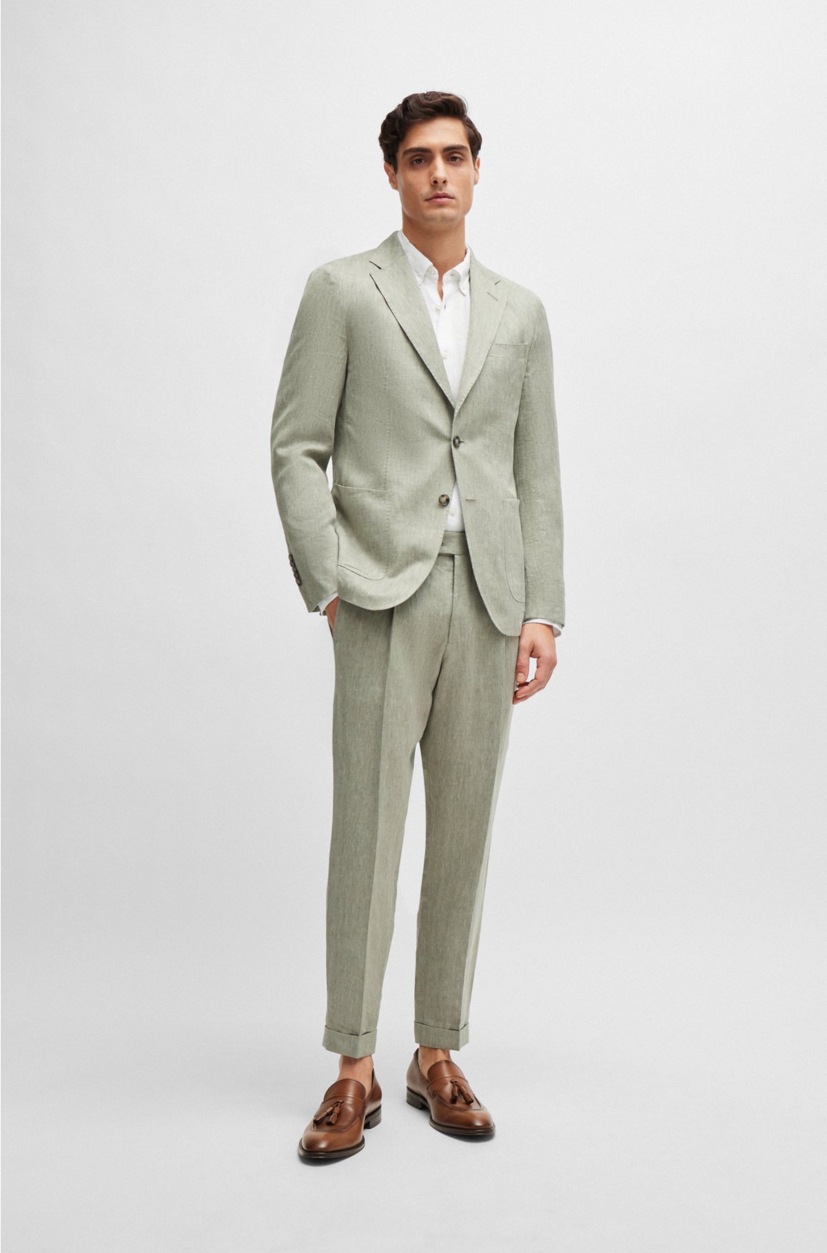 Relaxed-fit trousers in herringbone linen and silk, Light Green