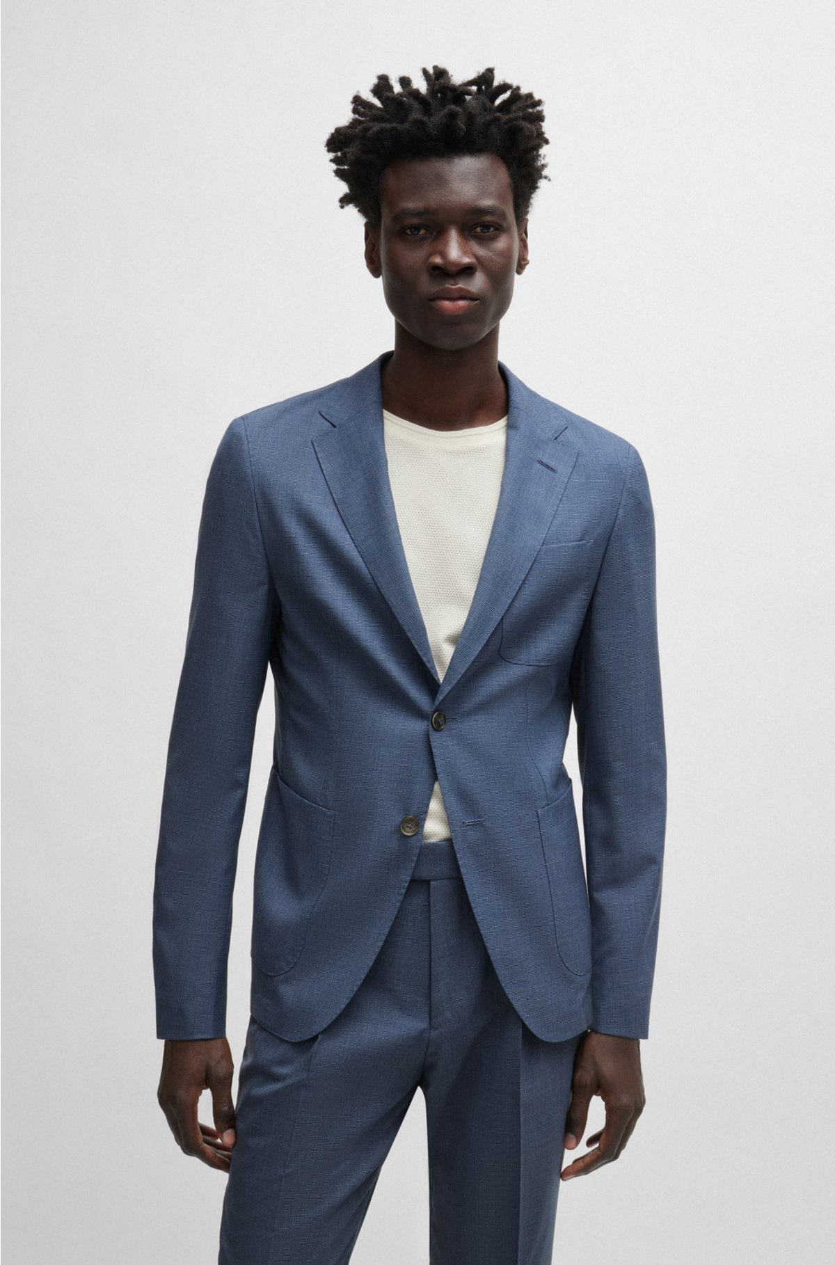 Slim-fit suit in patterned virgin wool and silk, Blue