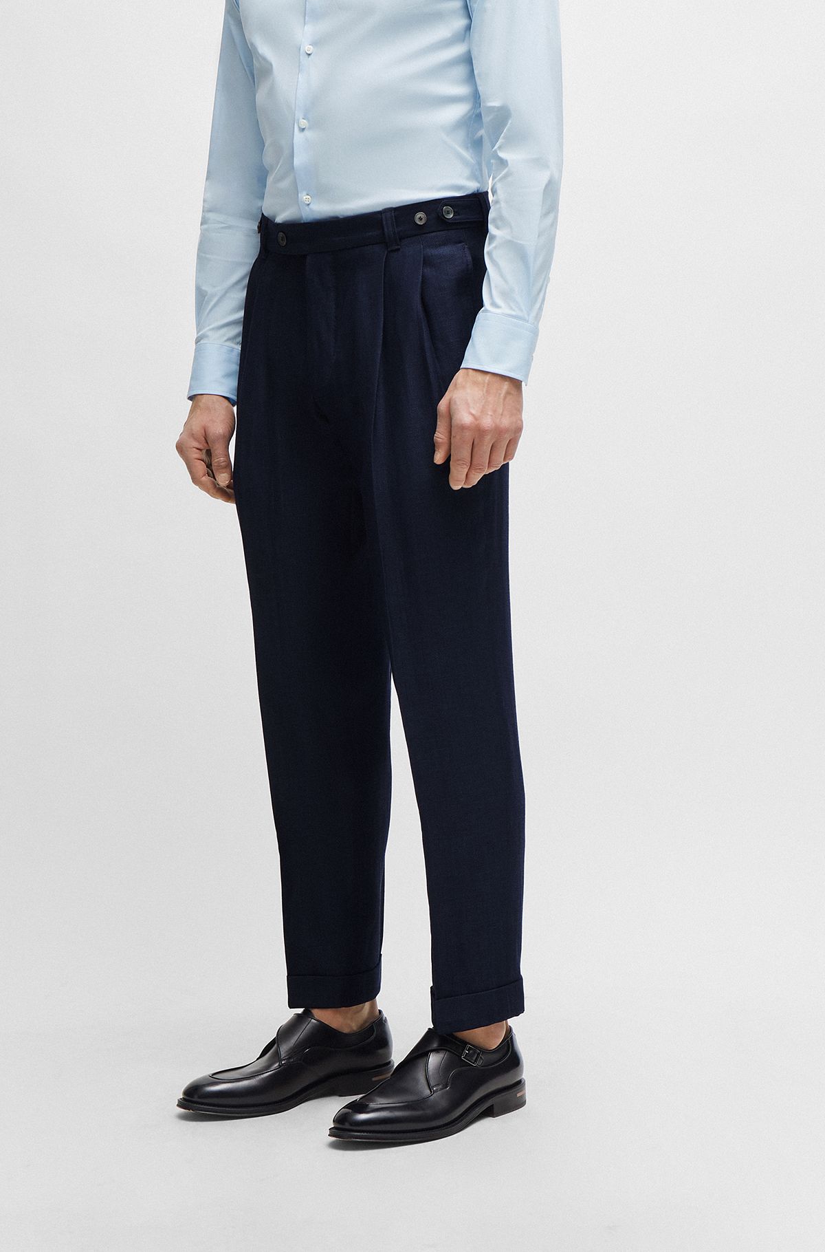 Relaxed-fit trousers in herringbone virgin wool and linen, Dark Blue