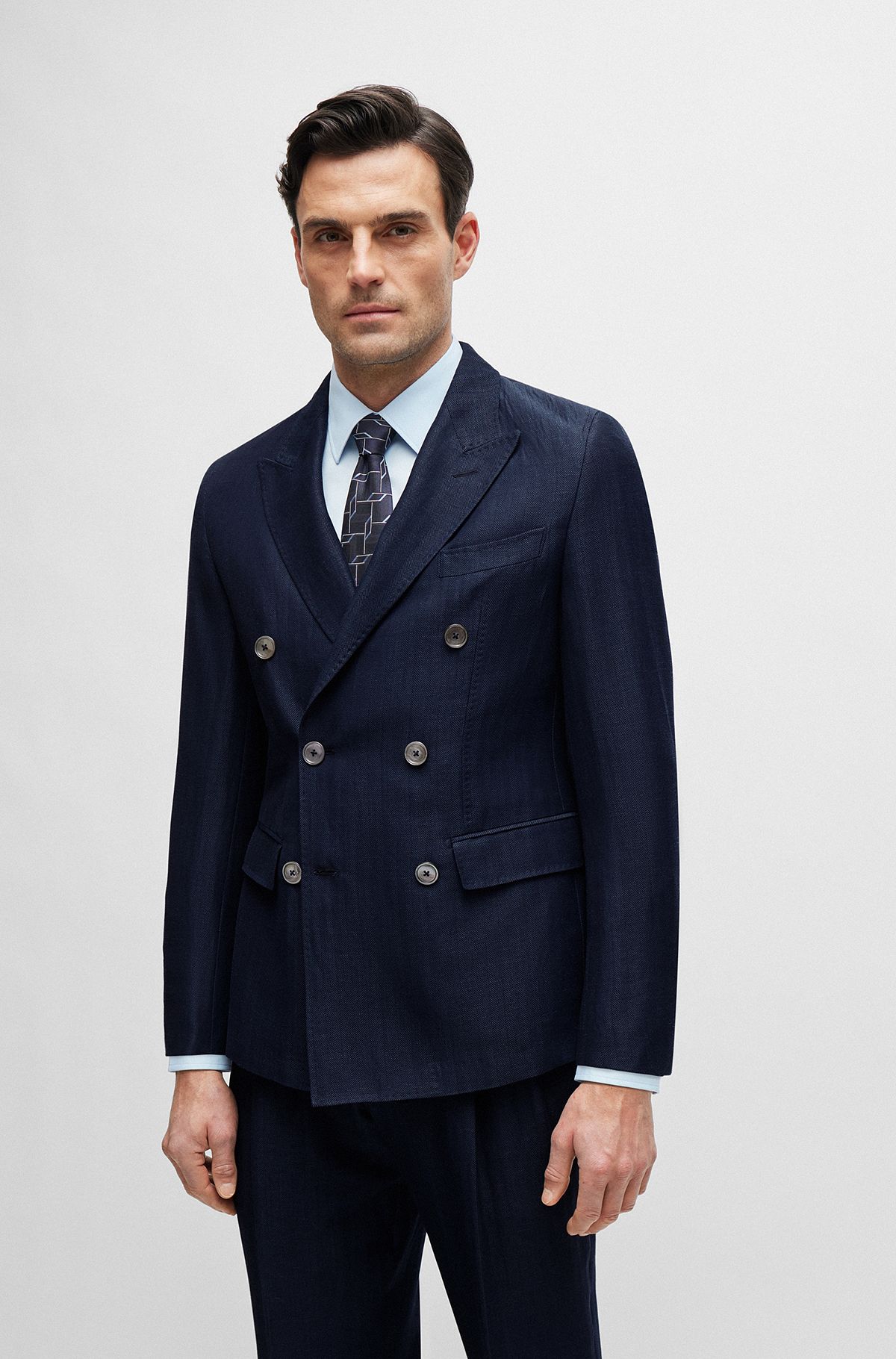 Slim-fit jacket in herringbone virgin wool and linen, Dark Blue