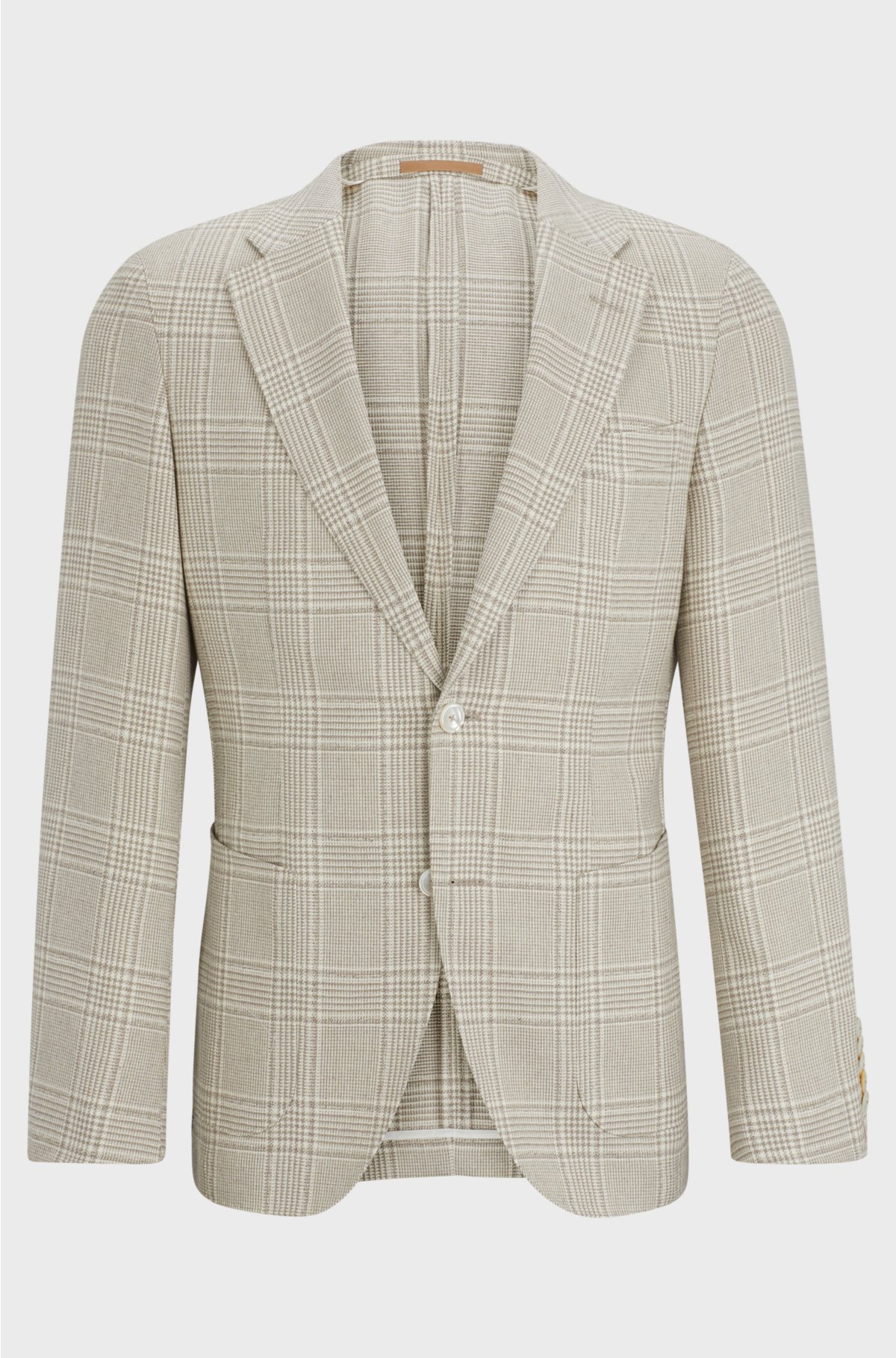 Slim-fit jacket in checked wool, linen and silk, Light Beige