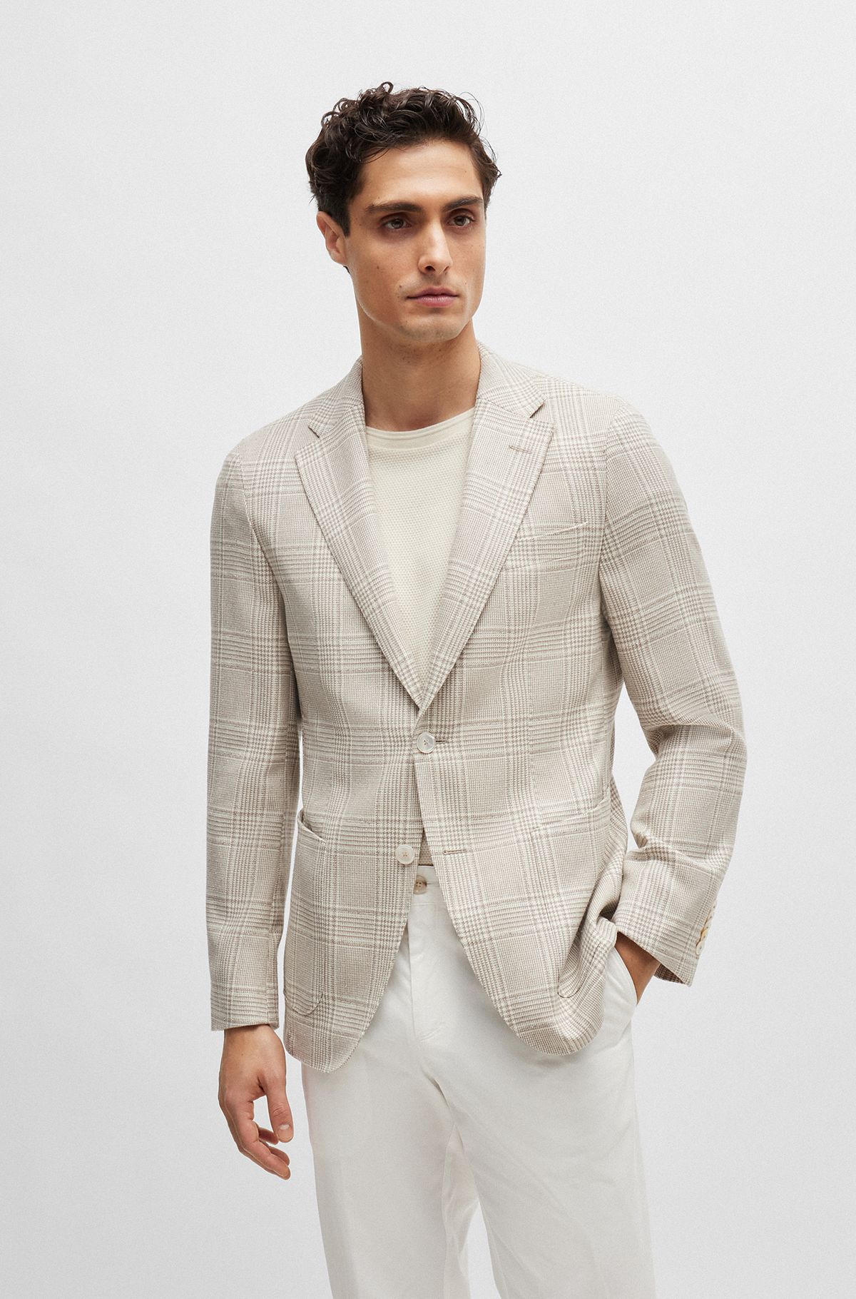 Slim-fit jacket in checked wool, linen and silk, Light Beige