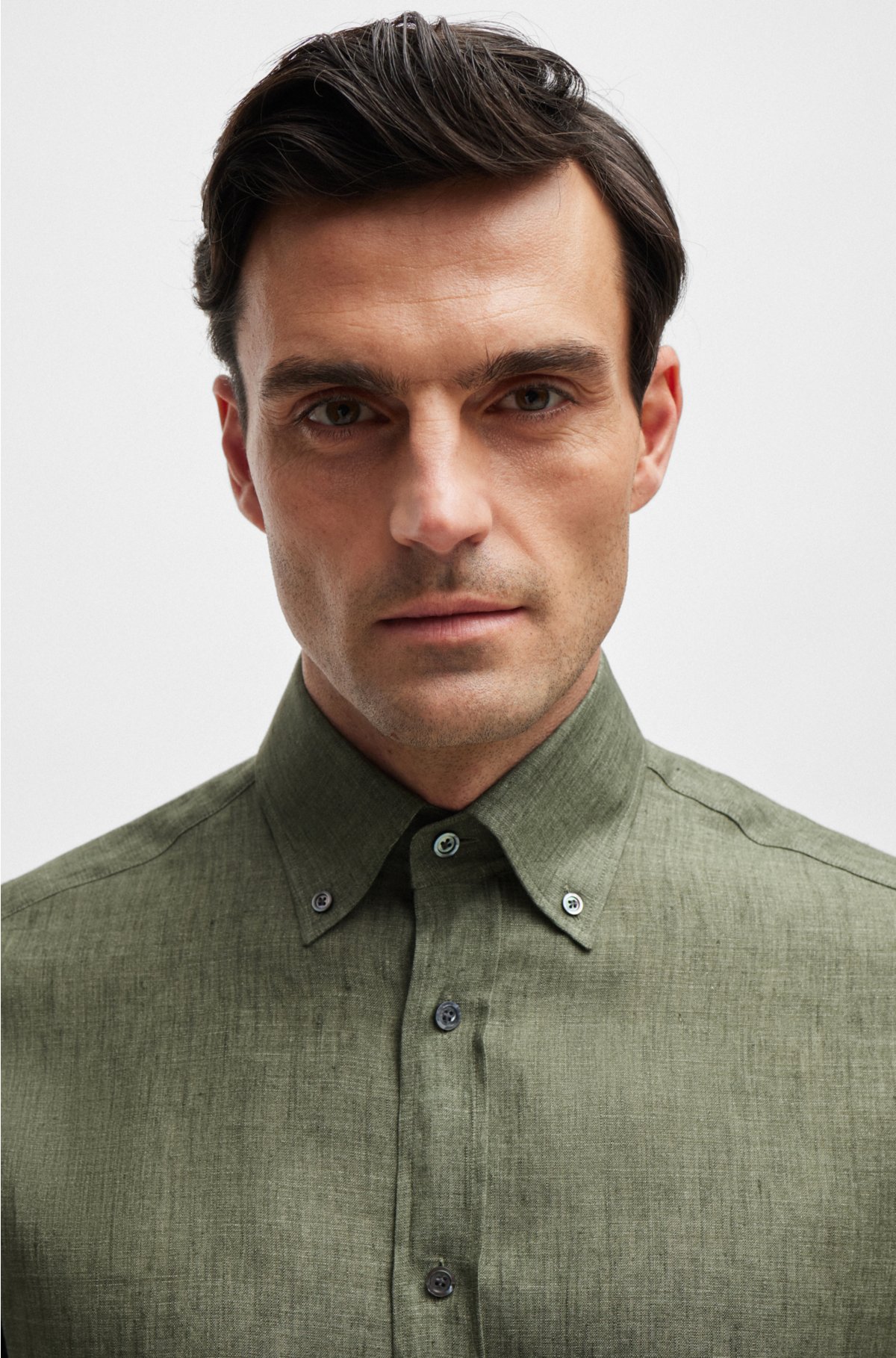 Extra-long-length regular-fit shirt in linen, Dark Green