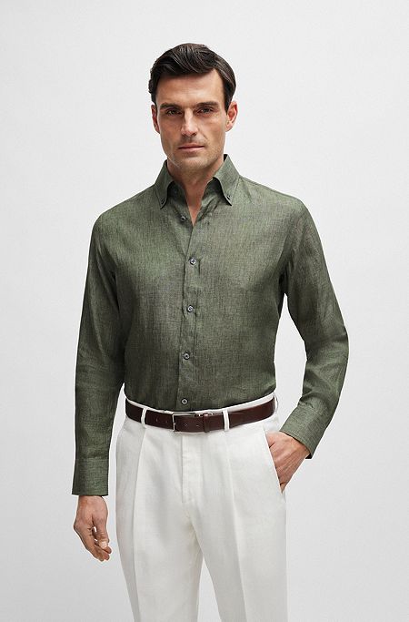 Extra lang regular-fit overhemd van linnen, Donkergroen