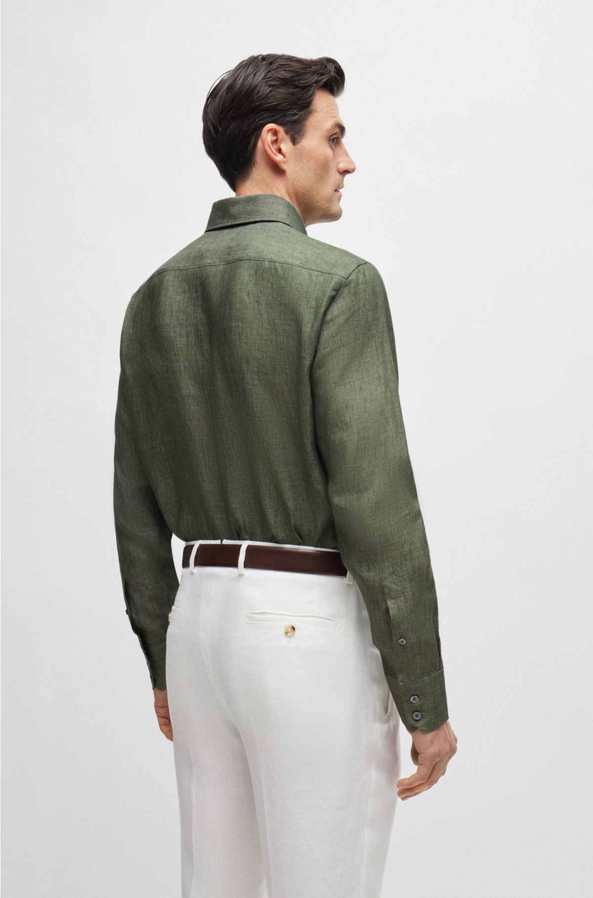 Extra-long-length regular-fit shirt in linen, Dark Green