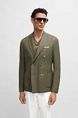 Slim-fit jacket in wool, silk and linen, Dark Green