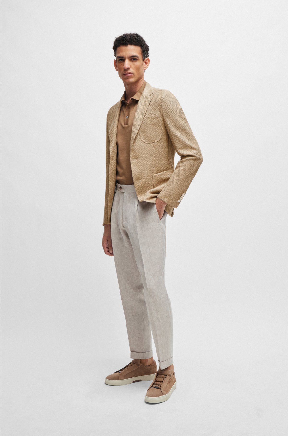 Slim-fit jacket in micro-patterned linen and cotton, Beige