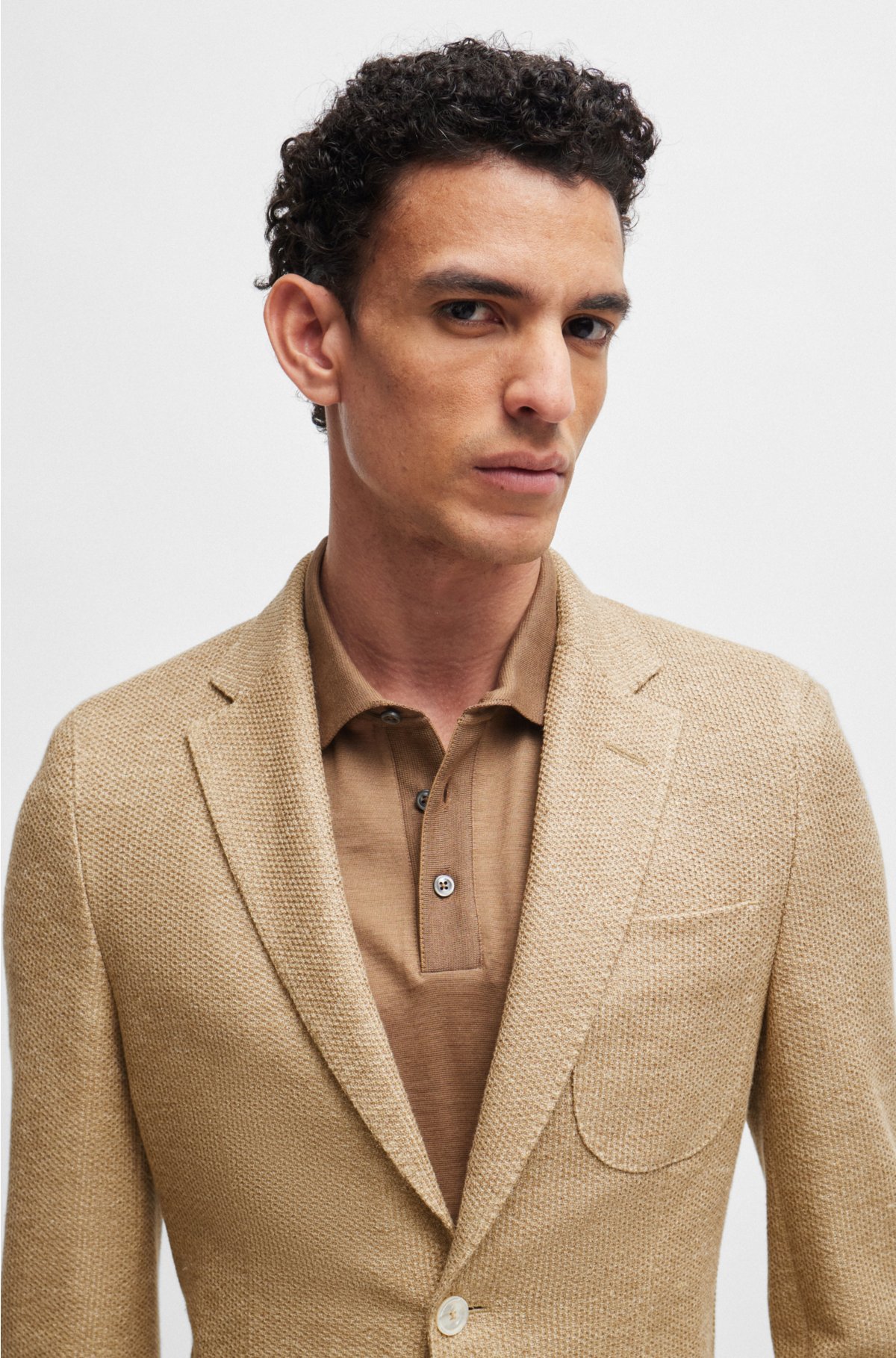 Slim-fit jacket in micro-patterned linen and cotton, Beige