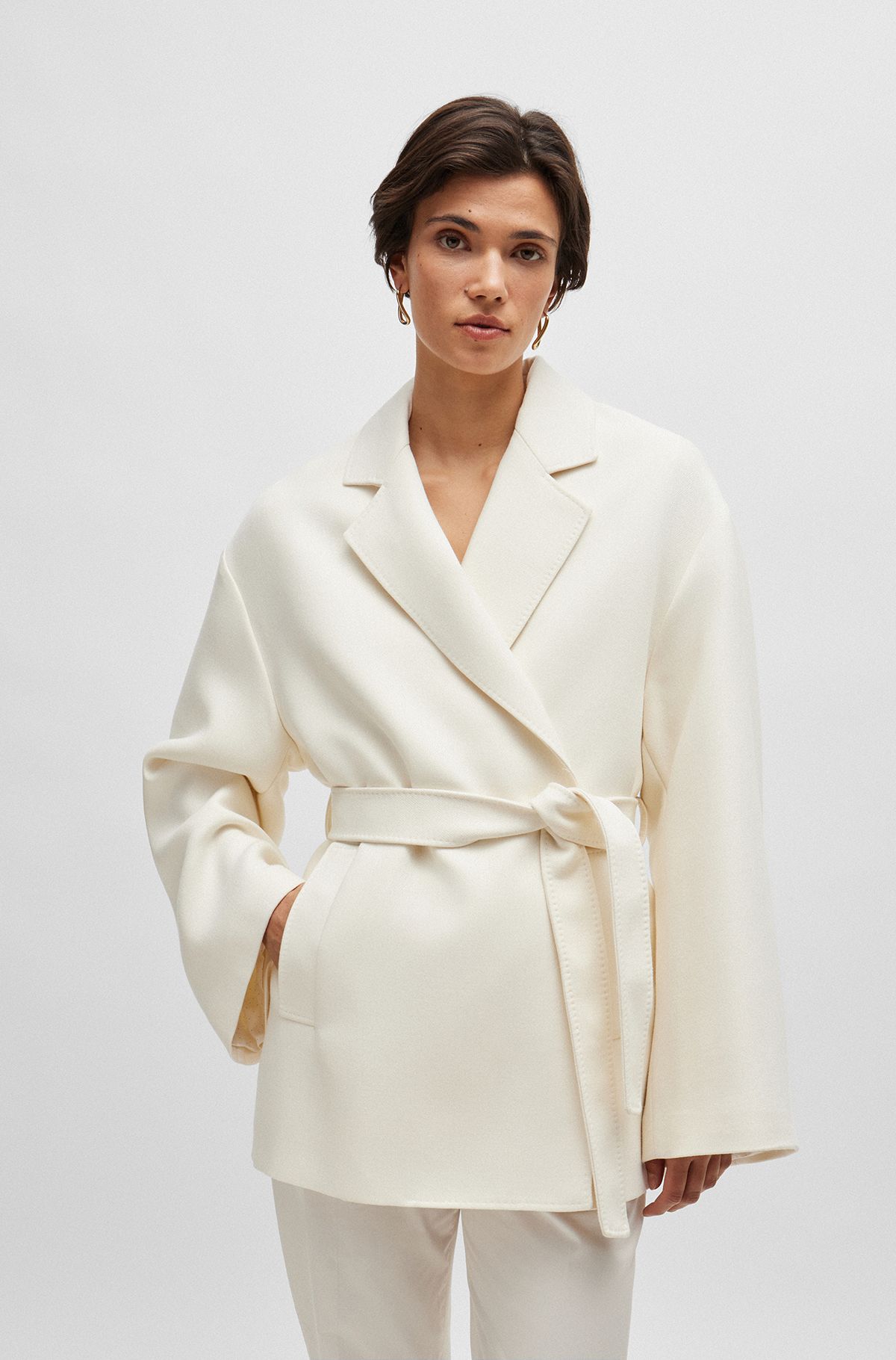 Italian-made coat with tie belt and smooth lining, White