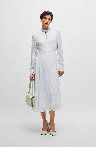 Silk-blend dress with mixed patterns, White Patterned
