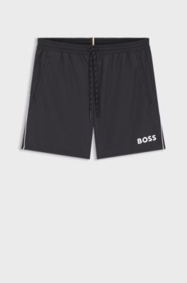 Short de bain &agrave; logo contrastant et liser&eacute;, Noir