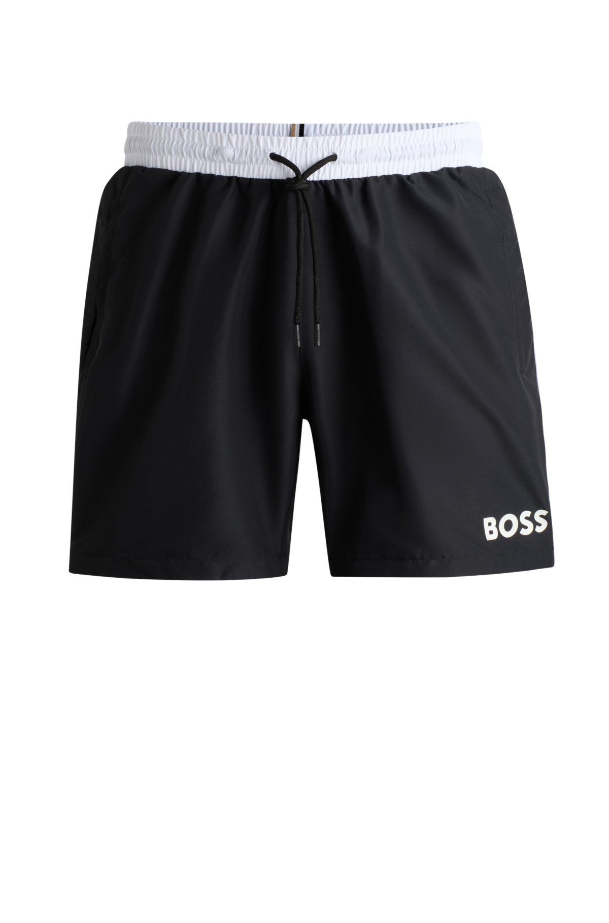 Quick-dry swim shorts with piping and logo, Black