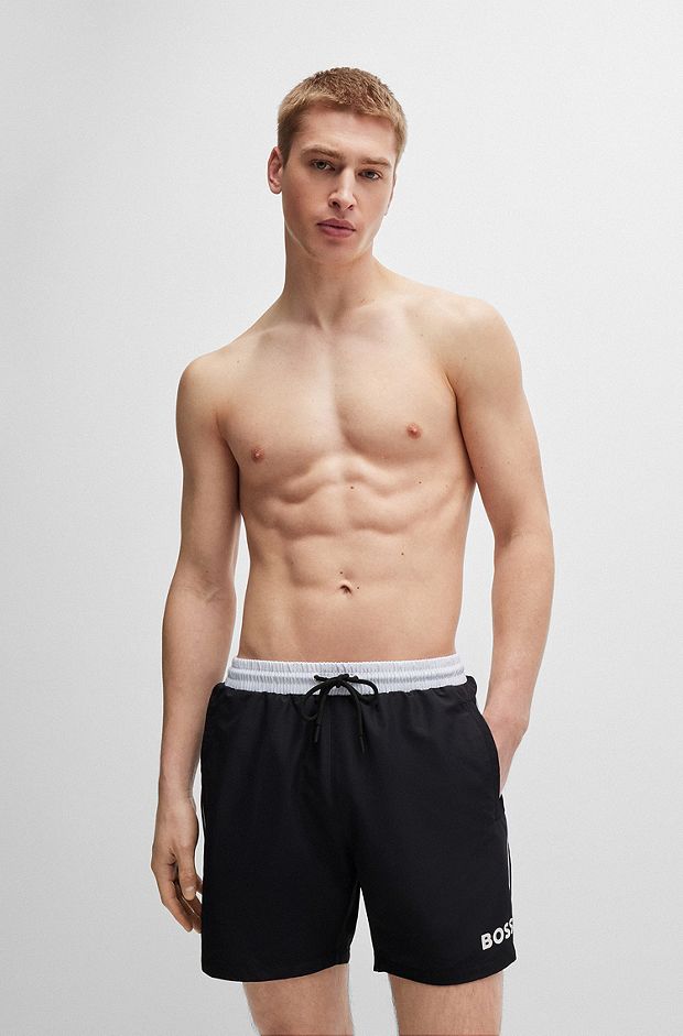 Quick-dry swim shorts with piping and logo, Black