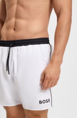 Swim shorts with contrast logo and piping, White
