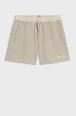 Zwemshorts met contrastlogo en biezen, Lichtbeige