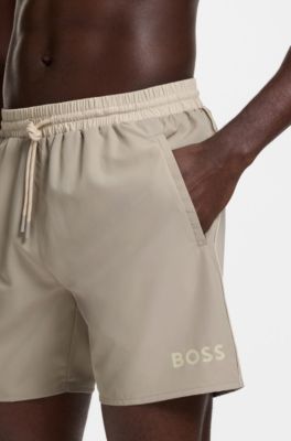 Zwemshorts met contrastlogo en biezen, Lichtbeige