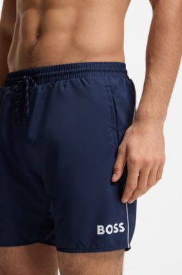 Zwemshorts met contrastlogo en biezen, Donkerblauw