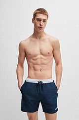 Quick-dry swim shorts with piping and logo, Dark Blue