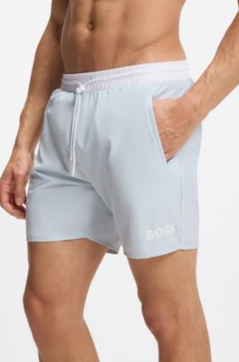 Swim shorts with contrast logo and piping, Light Blue