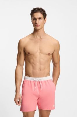 Zwemshorts met contrastlogo en biezen, Lichtroze