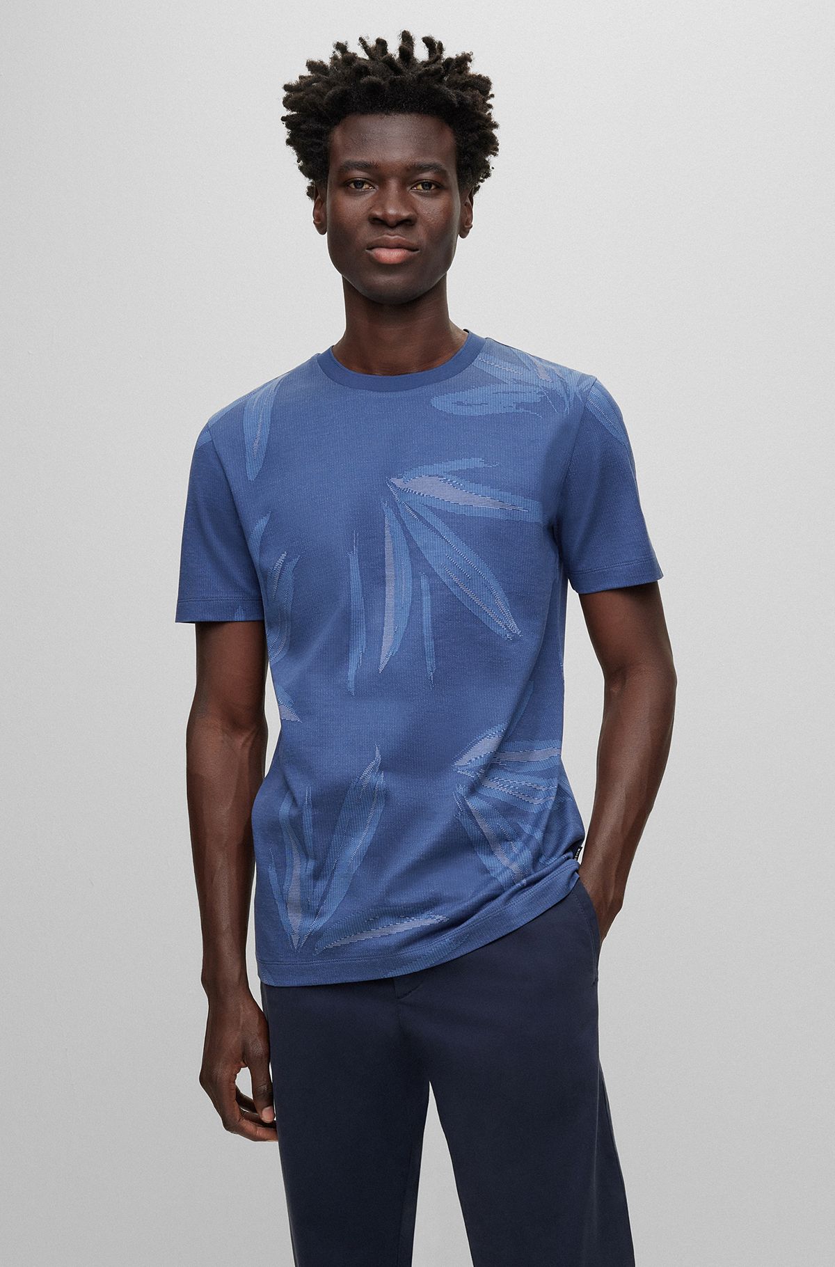 Cotton-jersey regular-fit T-shirt with tonal jacquard, Dark Blue
