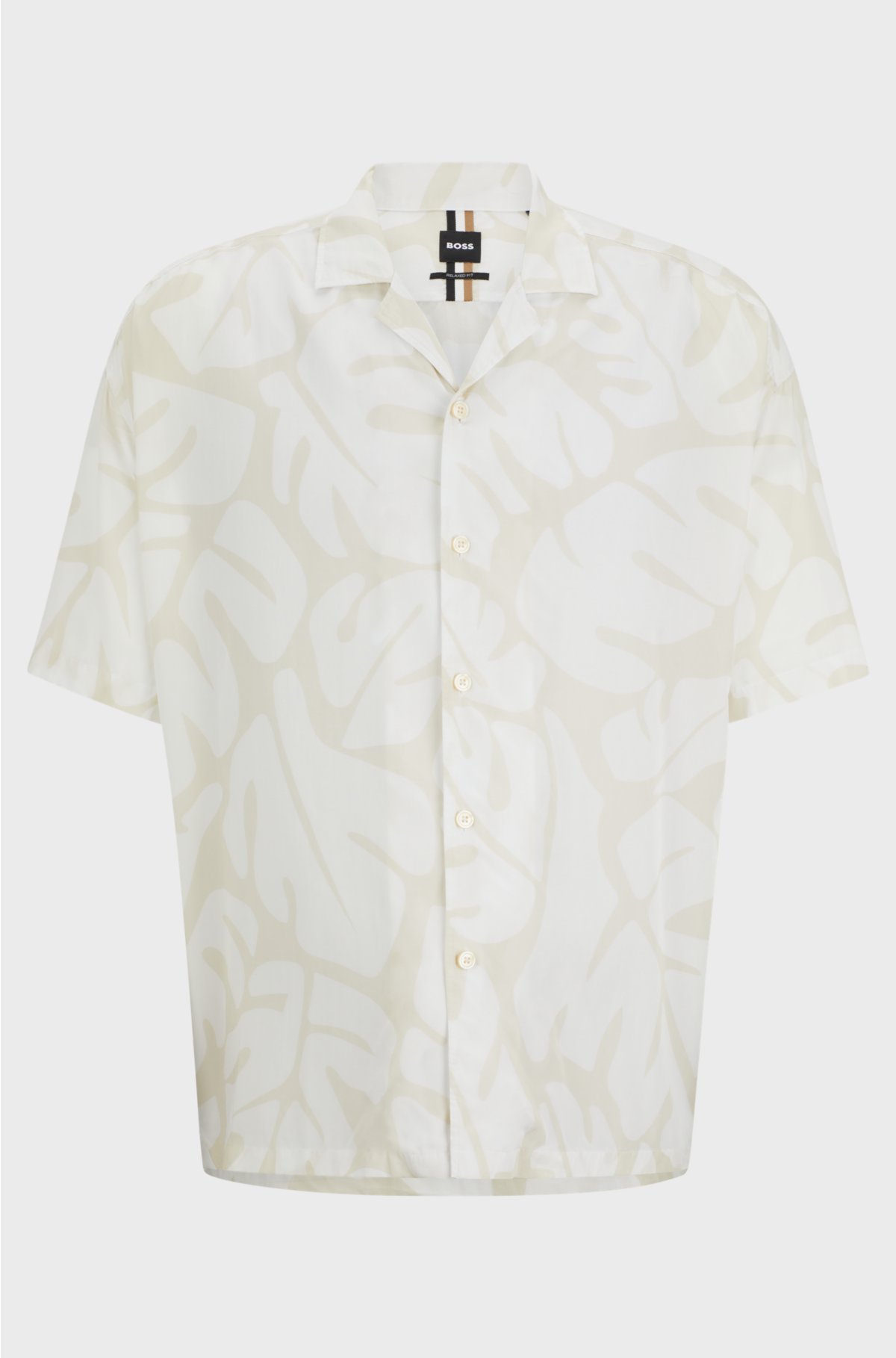 Relaxed-fit shirt in seasonal print with camp collar, Light Beige